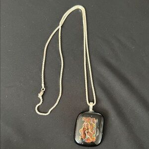 Source Unknown Black Glass Pendant Necklace with Iridescent Copper Accent